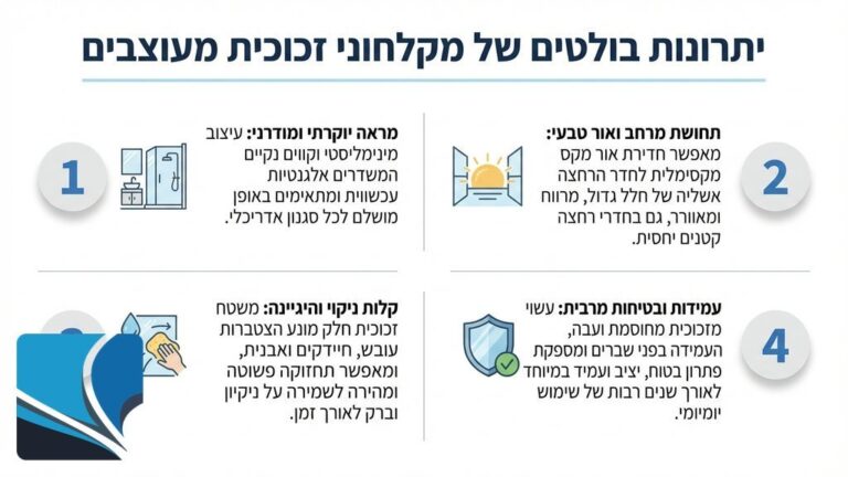 מקלחון זכוכית שקוף בחדר רחצה מודרני ומרווח