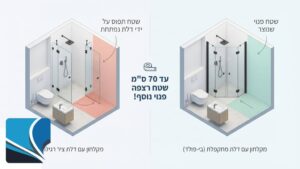 דלת מקלחון מתקפלת מזכוכית שקופה בחדר רחצה קומפקטי ומעוצב