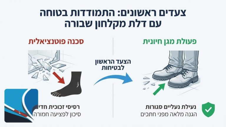 אדם נועל נעליים סגורות לפני כניסה לחדר רחצה לניקוי זכוכית