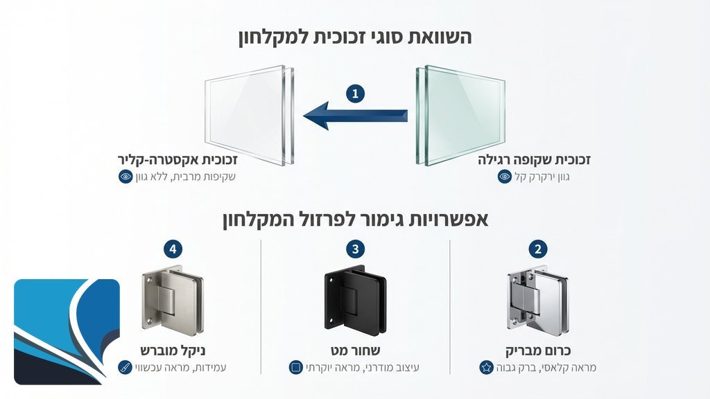 תקריב של פרזול איכותי בשחור מט וזכוכית אקסטרה קליר במקלחון יוקרתי